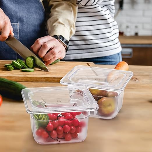 Bekith 6 Pack 1/6 Size Clear Polycarbonate Food Pans with Lids for Kitchen Restaurant Food Prep 4 Inches Deep