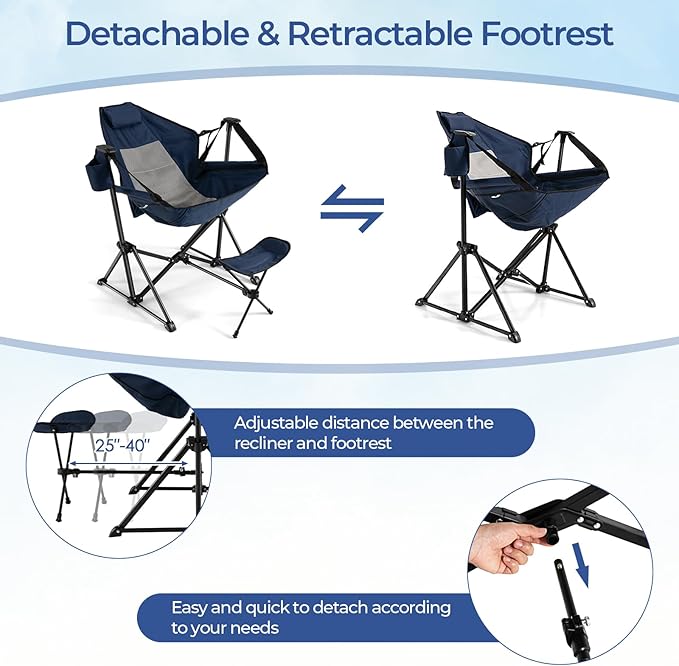 GYMAX Hammock Camping Chair Folding Camp Chair with Detachable Footrest Adjustable Backrest Pillow Cup Holder &amp Carry Bag Portable Rocking Camping Chairs for Beach Lawn Fishing (2 Navy)