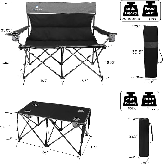 CAMPHILL Camping Chair Set of 3 Outdoor Folding Camping Chairs for Heavy People with Cup Holder &amp Carry BagCollapsible Chair Include One Sofa Chair and Two Single ChairSupport up to 500lbs