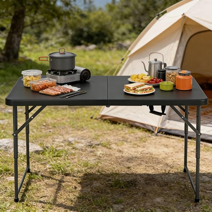 4Ft Foldable Table Adjustable Height with Built-in Handle 4 Foot Heavy Duty Portable Folding Table with Steel Legs for Indoor Outdoor Camping Parties Wedding Picnic Catering (4ft Black)