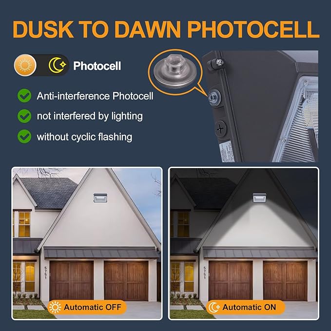 150W LED Wall Pack Light with Photocell 4000/5000/6500K 3CCT 80/100/120/150W Selectable 22500LM Outdoor Wall Pack LED Exterior Light for Parking Lot Building Yard Warehouse 100-277VAC ETL Listed