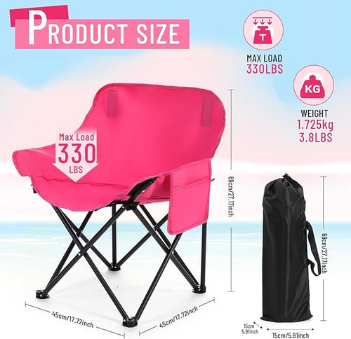 2 Pack Compact Camping Chairs Portable Folding for Outside with Carry Bag Lightweight Moon Chairs for Travel Picnic Hiking Beach Fishing 600D Oxford Supports 330lbs(Pink)