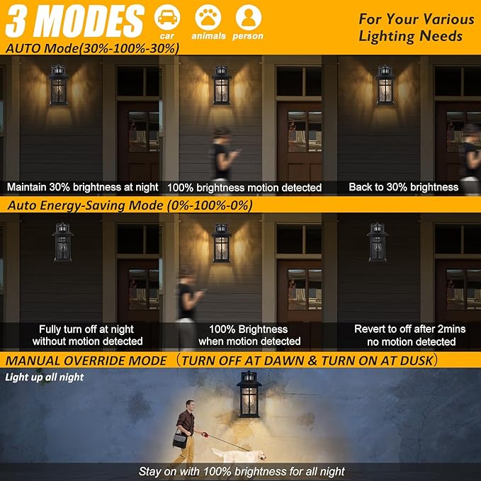 Motion Sensor Outdoor Wall Lights 2 Packs- Updated Dusk to Dawn Outdoor Lighting Exterior Light Fixtures with E26 Sockets &amp Tempered Glass Wall Mounted Black Waterproof Outdoor Lights for House