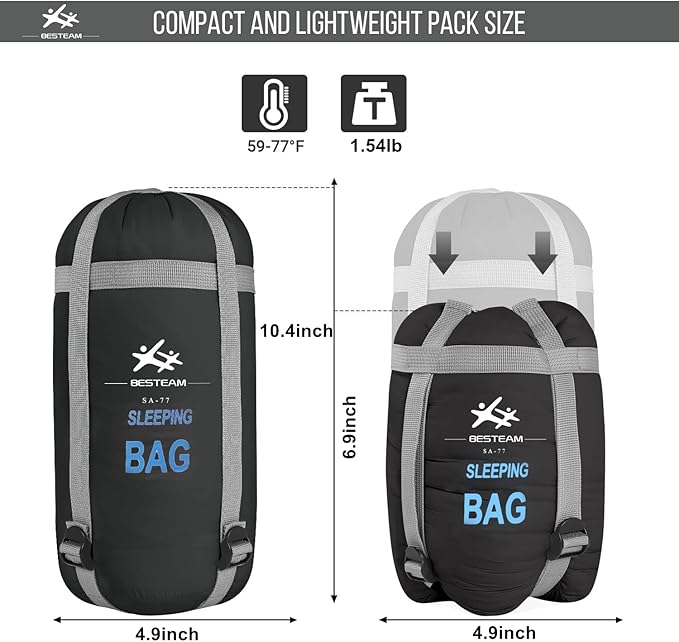 Warm Weather Sleeping Bag - Portable Waterproof Compact Lightweight Packable for Kids Teens Adults Camping Backpacking Hiking Spring Summer Fall