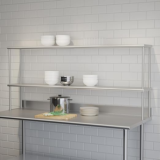 Flash Furniture Reese Commercial Metal Double Kitchen Overshelf Two-Tier Adjustable Shelf 430 Stainless Steel 18 Gauge NSF Certified 72 x 12