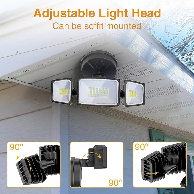 Onforu 75W Flood Lights Outdoor 7000LM Brightness Security Lights Switch Controlled 3 Adjustable Heads IP65 Waterproof 6500K Wall Mount Exterior LED Flood Light