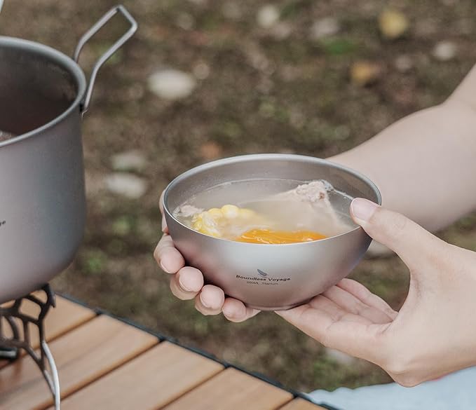 iBasingo 260ml Titanium Double Wall Bowl Ultra-light Portable Bowl Outdoor Camping Tableware Small Durable Metal Food Rice Soup Bowl Ti1081T