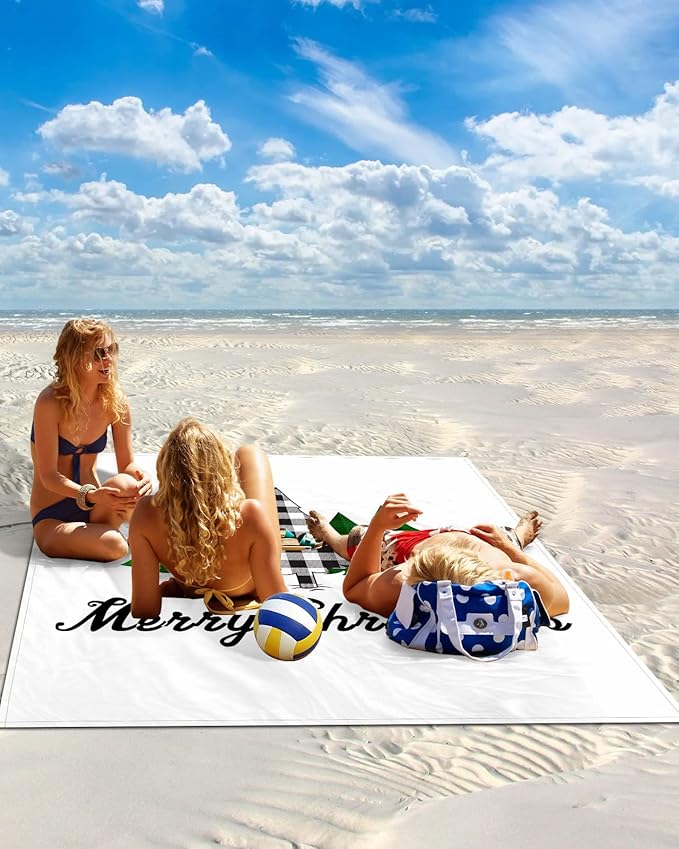 Beach Blanket Waterproof Sandproof OversizedMerry Christmas Buffalo Tree Plant Beach Mat with Corner Stakes Sand PocketsGreen Check Xmas Trees Outdoor Picnic Mat for Travel Camping Hiking 83x79In