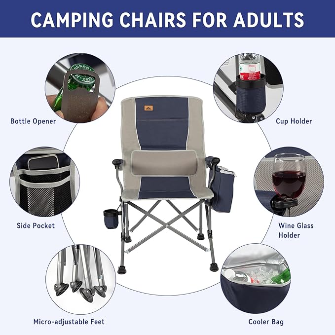 Ablazer Camping Chairs for Adults Support 350 LBS Folding Chairs for Outside Lawn Chairs Heavy Duty with Cooler Bag &amp Cup Holder (Blue &amp Grey)