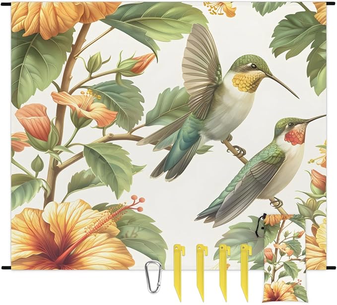 Waterproof Sandproof Beach Blanket 59''×68'' Plant-Hummingbird Polyester Outdoor Picnic Blanket with 4 Stakes &amp Storage Bag for BeachCampingVacation Cyan