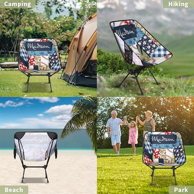 Custom Camping Chair Personalized Portable Backpacking Chair with Name Lightweight Folding Chair for Beach Hiking Baseball Plaid