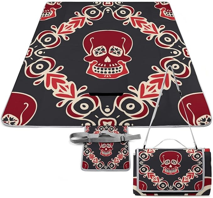 Vintage Halloween Black Victorian Gothic Skull Damask Waterproof Outdoor Picnic Blanket Sandproof Beach Mat for Camping Hiking Grass Travelling