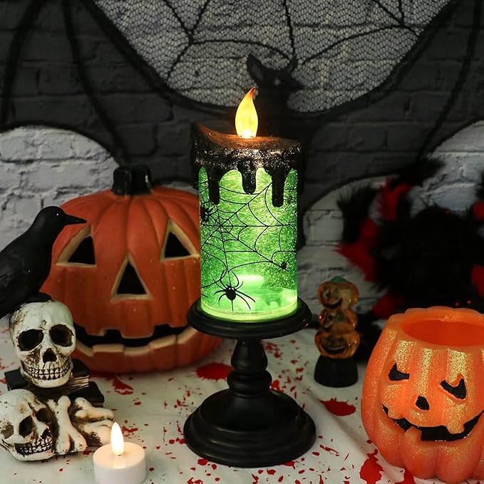 Eldnacele Halloween Snow Globe Candles Lighted Lamp Battery Operated Spooky Spinning Water Glittering Tornado Candle Flameless Candles Table Centerpiece for Halloween Decoration Indoor(Spider)