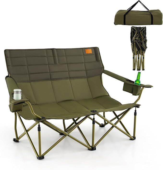 Goplus Double Camping Chair for Adults Low Outdoor Folding Loveseat Couch Chair w/Cup Holders Thick Padding Heavy-Duty 2 Person Lawn Chair for Beach Picnic Travel Supports 660 LBS(2-Person Seat)
