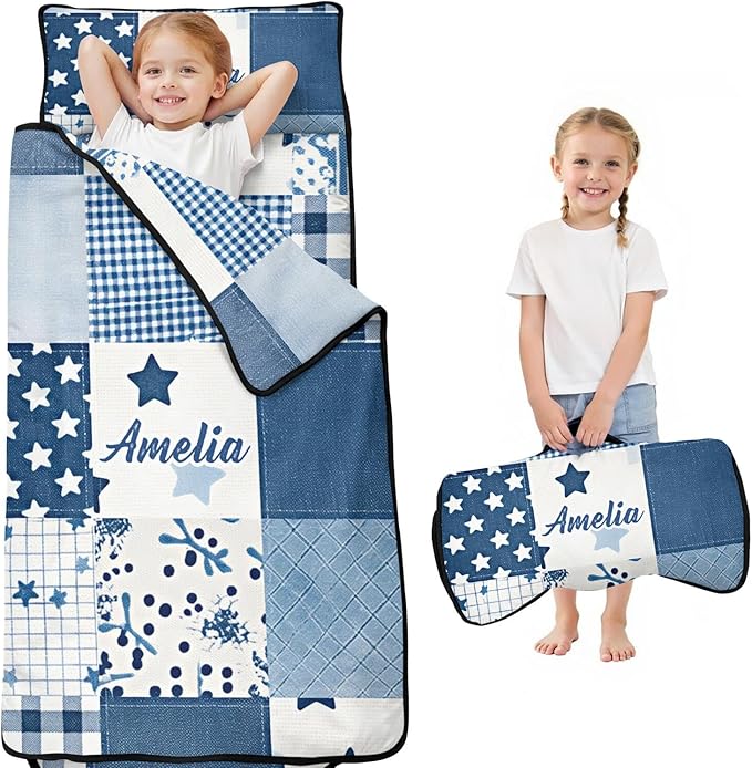 Personalized Toddler Nap Mat – Custom Name Sleeping Bag with Pillow &amp Blanket Roll-Up All-in-One Nap Mats