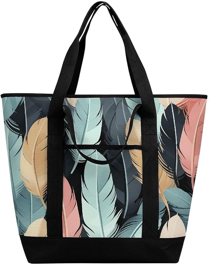 Insulated Shopping BagLarge Reusable Cooler Bags Feather Printed Foldable Shopping BagTravel Waterproof Shoulder Bag