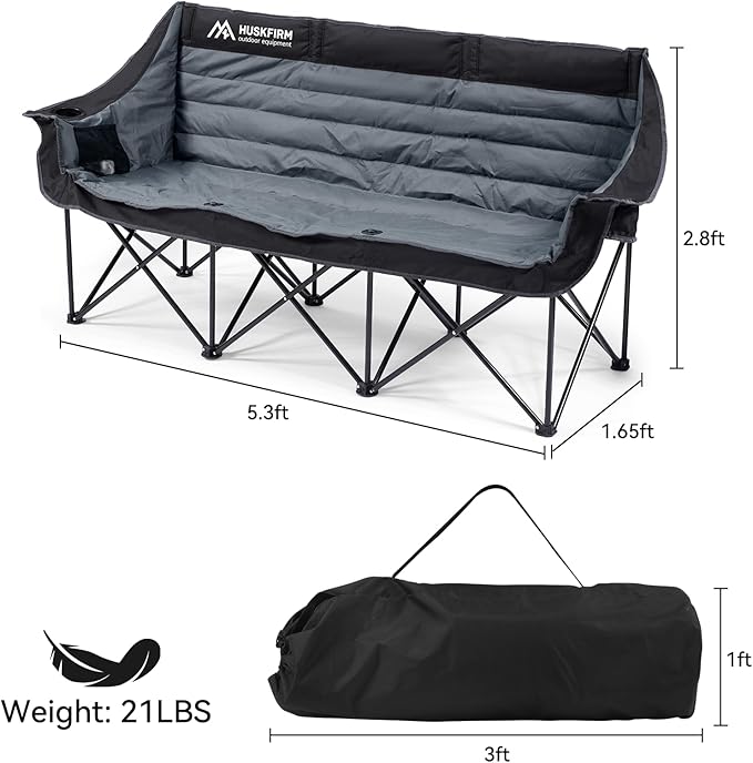 3 Person Camping Chairs Folding Double Camping Chair Portable Oversized Loveseat Padded Camp Chair Heavy Duty Camping Couch for Adults Outdoor Lawn with Two Cup Holders and Carry Bag