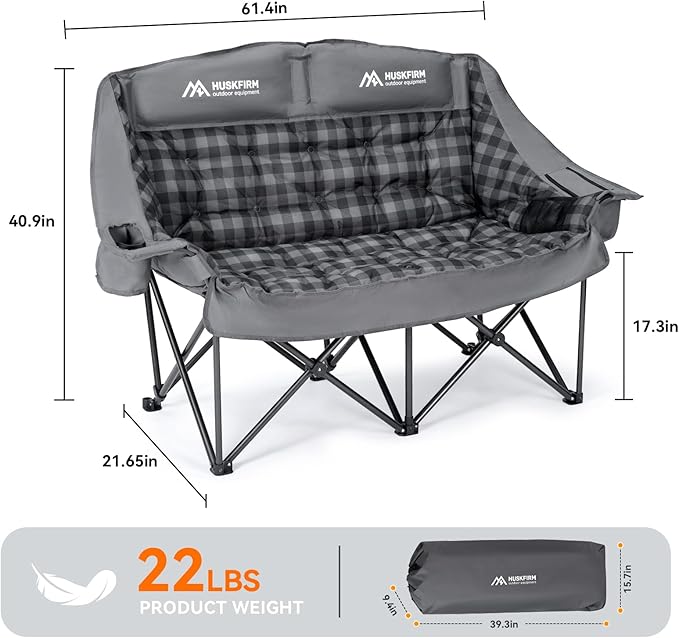 Padded Double Camping Chair High Back 2 Person Camping Chair Oversized Camping Loveseat Support 800LBS Heavy Duty Camping Couch with Cup Holders Cooler Carry Bag Blue
