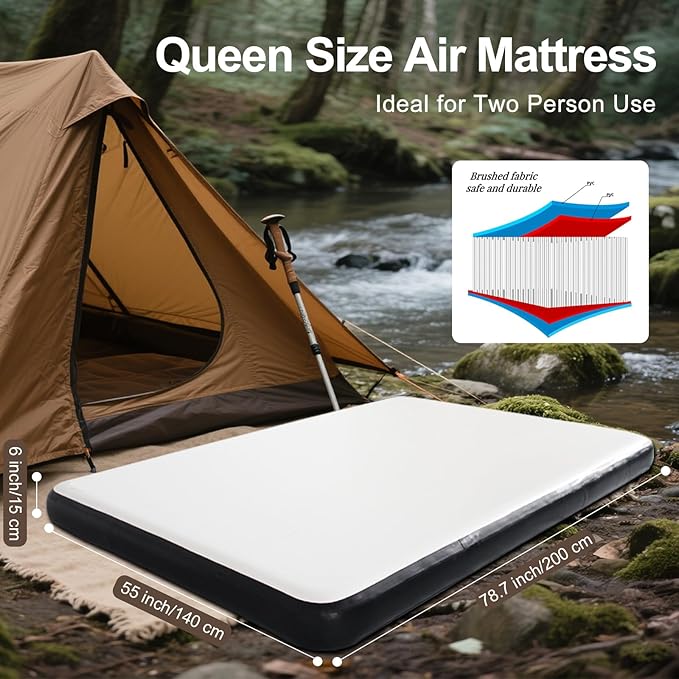 Queen Size Inflatable Air Bed Mattress 6'' Elevated Pad with Pump White Hypo-Allergenic Portable Outdoor Camping Mat