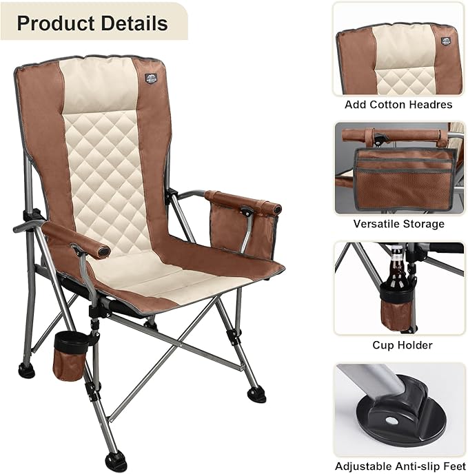 Folding Padded Camping Chair with Hard ArmrestCup HolderHeavy Duty for AdultsPaded BackrestPortable Lawn Lightweight Outdoor Camp ChairSupport up to 400lbs
