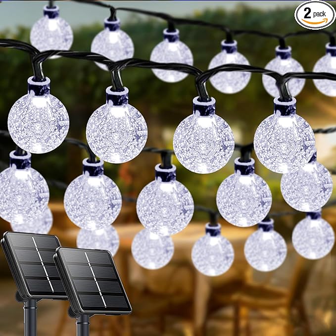 LORRYTE White 2-Pack 100 LED 64FT Crystal Globe Solar Lights Outdoor Waterproof Solar String Lights Outdoor Decorative with 8 Lighting Modes for Patio Decorations Garden Wedding Party Tree Porch