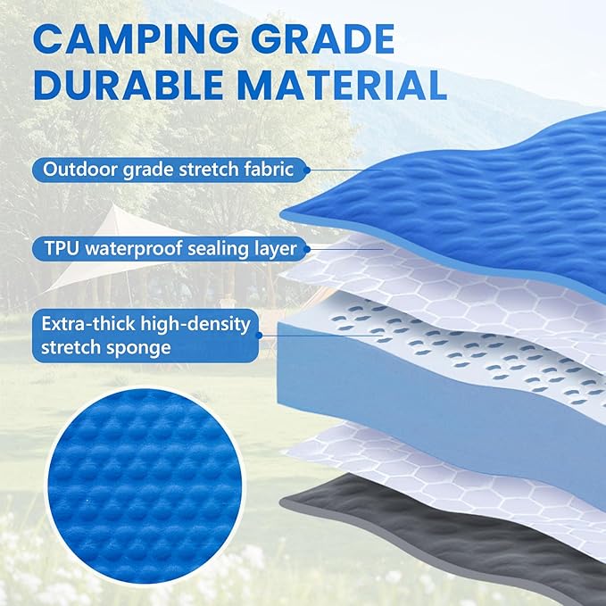 Self Inflating Double Sleeping Pad for Camping with Electric Pump 4 Inch Ultra Thick Memory Foam 2 Person Inflatable Sleeping Pad All Season Full Size Portable Camping Mattress for Travel Tent (Blue)