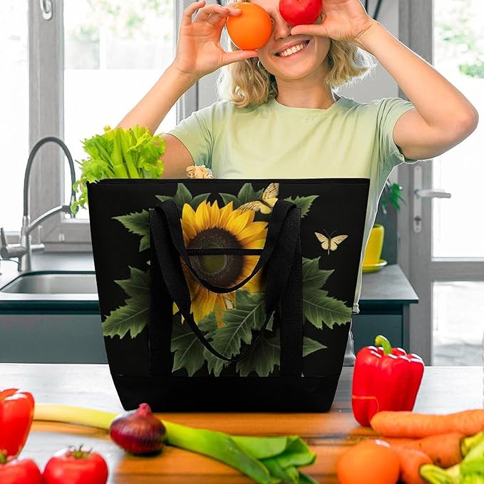 Insulated Shopping BagLarge Reusable Cooler Bags Weed with Sunflower Printed Foldable Shopping BagTravel Waterproof Shoulder Bag