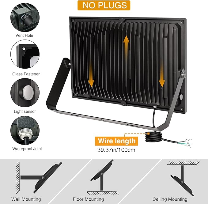SOLLA 300W LED Stadium Flood Light with Dusk to Dawn Photocell Extreme Bright 6000K 30000LM 110-265V IP66 Waterproof Perfect Arena Light for Garden Rooftop Backyards Streets