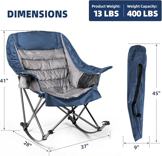 Oversized Rocking Camping Chair for Adults - 400lbs Capacity Padded Camp Chair with Cup Holder Portable Foldable Outdoor Rocker Chair for Camping Backyard Patio (Blue &amp Gray)