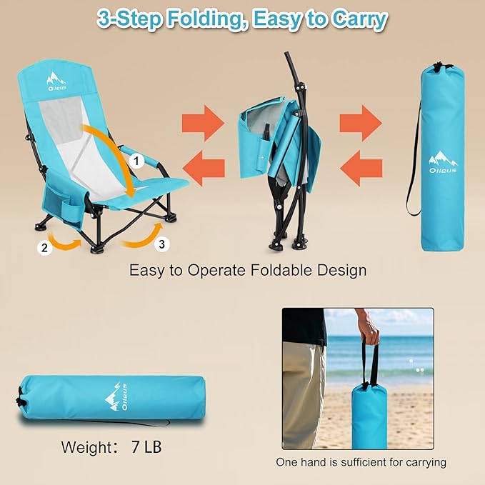 Oileus Folding Portable Beach Chair High-Back Low-Seat Lightweight Chair for Beach Tents Shelters and Camping Full Mesh Backrest | Cup Holder | Storage Bag | Carrying Bag | 2 Armrests