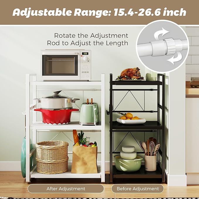 3-Tier Microwave Rack - Height Adjustable &amp Extendable Kitchen Shelf with Drawer - Carbon Steel - Includes Hooks &amp Reinforcement Suction Cups Baker's Rack (Black)
