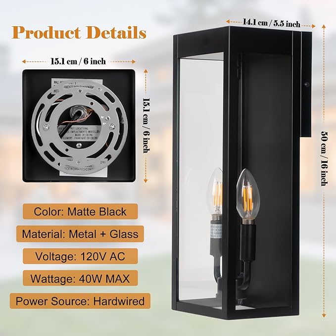 Outdoor Wall Lights 16 Inch Large 2 Pack Black Modern Exterior Lighting Fixtures Wall Mounted with 2-Candle Light Waterproof Outside Wall Sconces Coach Lamps Porch Lanterns for House E12