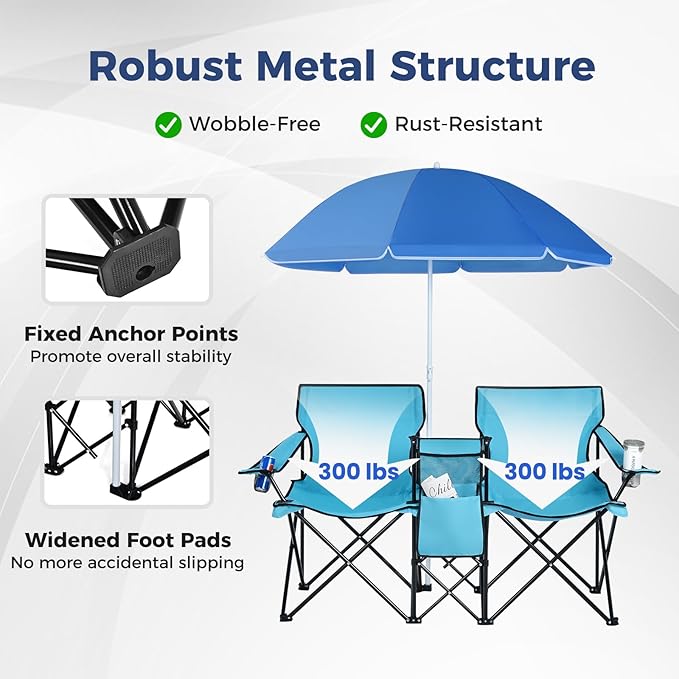 Goplus Double Camping Chair with Umbrella Folding Loveseat Chairs w/Canopy Shade Carrying Bag Table Cup Holder Portable Beach Chairs Outdoor Picnic Patio (Turquoise)