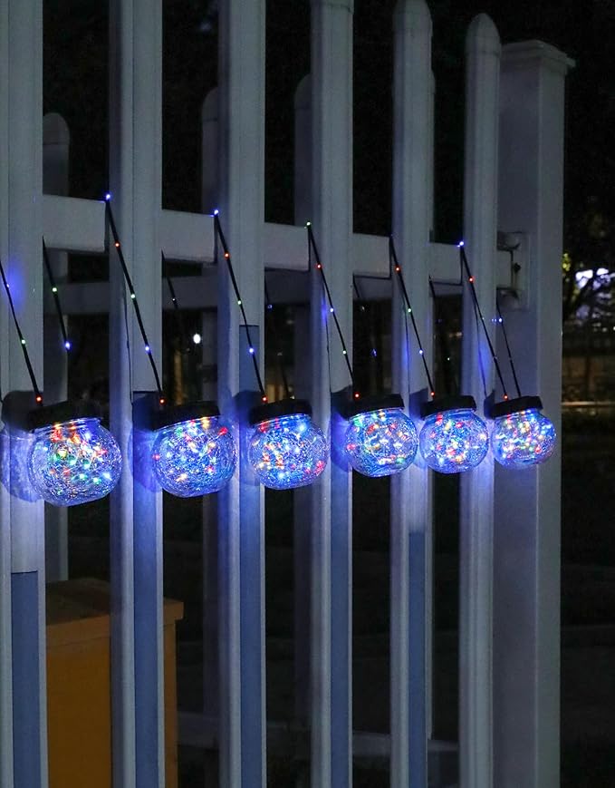 PARTPHONER Solar Lights Outdoor Waterproof 12-Pack Solar Powered Hanging Lantern Cracked Glass Hanging Globes for Yard Decor Christmas Decoration Shepherd Hook Garden Tree Ornaments RGB