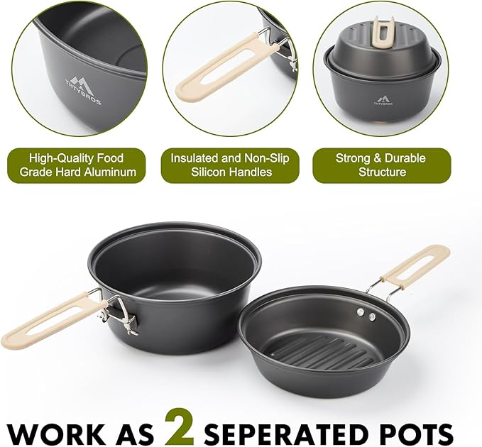 17pcs Camping Cookware Kit 0.45Gal Pot 7inches Pan0.30Gal Kettle Set with 2 Set Stainless Steel Cups Plates Forks Knives Spoons for Hiking
