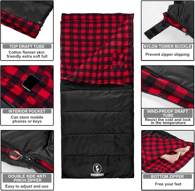 Flannel Sleeping Bag Cold Weather for Adults XL Camping Cotton Sleeping Bag 4 Season Big and Tall Waterproof with Compression Sack