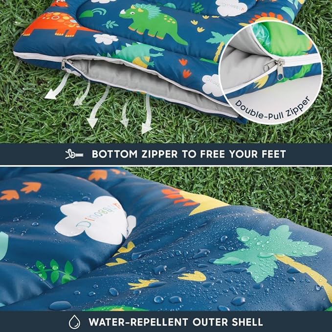Wake In Cloud - Kids Sleeping Bag for Boys Toddlers Camping in Warm Cold Weather Backpacking Lightweight Compact Outdoor Liner for 3 Seasons Cartoon Jurassic Dinosaur