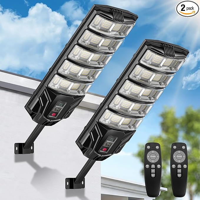 2 Pack Solar Lights Outdoor IP65 Waterproof Solar Street Motion Sensor Lights with Remote Control 8000K Dusk to Dawn LED Security Flood Outdoor Light Wide Angle Range for Yard Garage Porch Farm