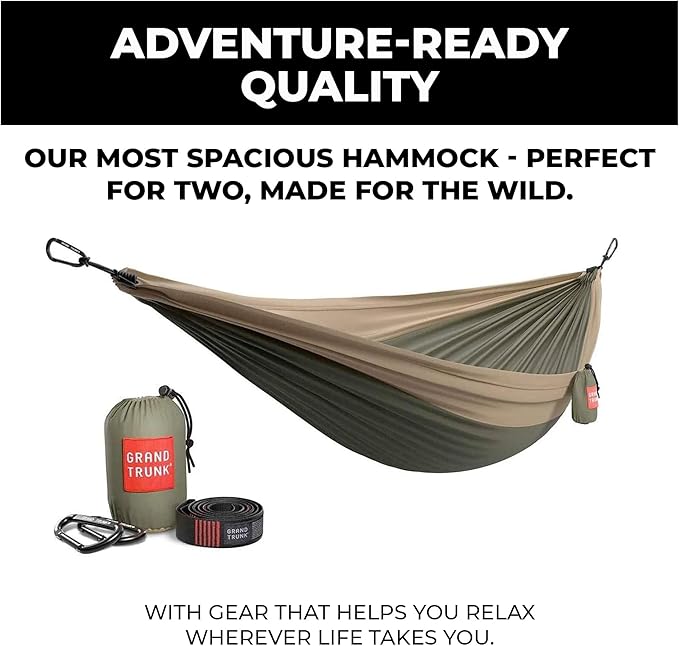 GRAND TRUNK TrunkTech Double Hammock | Ultra-Strong &amp Lightweight | 11 ft Hammock with Ripstop Nylon | 500 lb Capacity | Fast-Drying &amp Weather-Resistant | Crimson/Charcoal