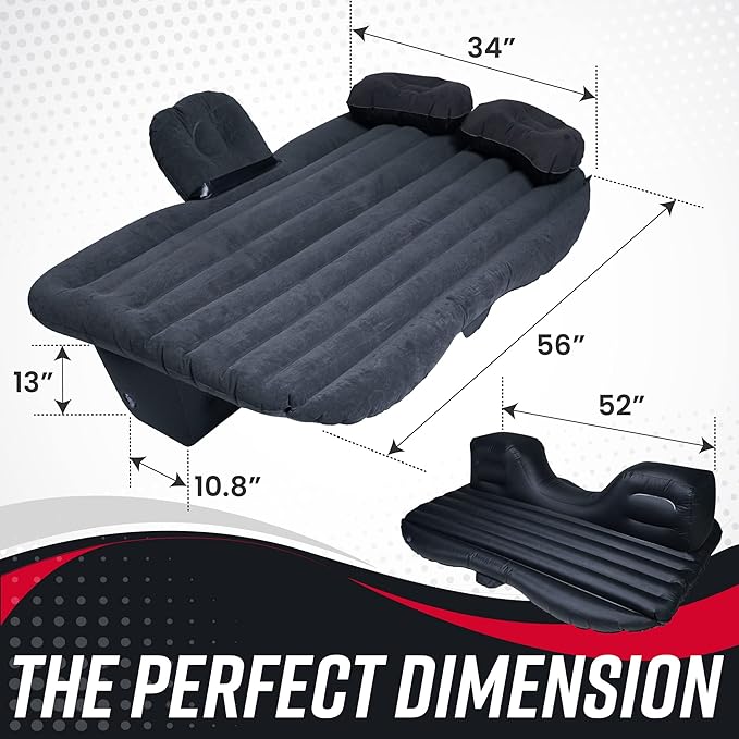 VaygWay Inflatable Car Air Mattress – Air Bed w/Pump Kit –Back Seat – Camping Vacation Blow up Bed Cushion - Sleeping Pad w/ 2 Pillows (Inflatable Car Mattress Neck Pillow Ear Plugs Eye Shields)