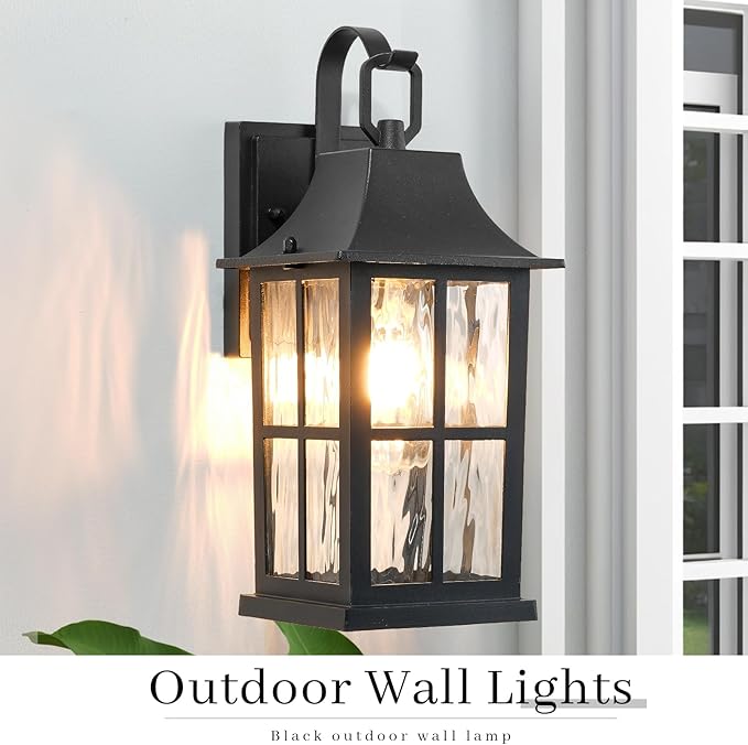 Outdoor Light Fixture IP44 Waterproof Rustproof Porch LightAluminum &amp Water Pattern Glass Exterior Sconce13-inch Black Outdoor Sconce Lights for Front Door Garage Patio (UL-Certified)