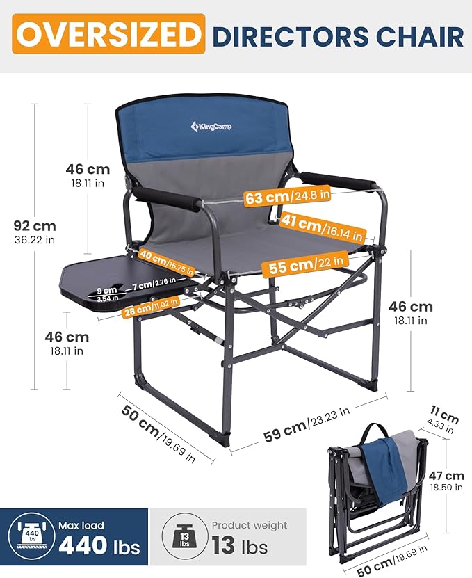 KingCamp Oversized Camping Directors Chair with Side Table Compact Design Heavy Duty 440lbs Folding Portable Padded Camp Chairs with Extra Wide Seat &amp Anti-Sag Fabric for Outdoor Fishing Sports