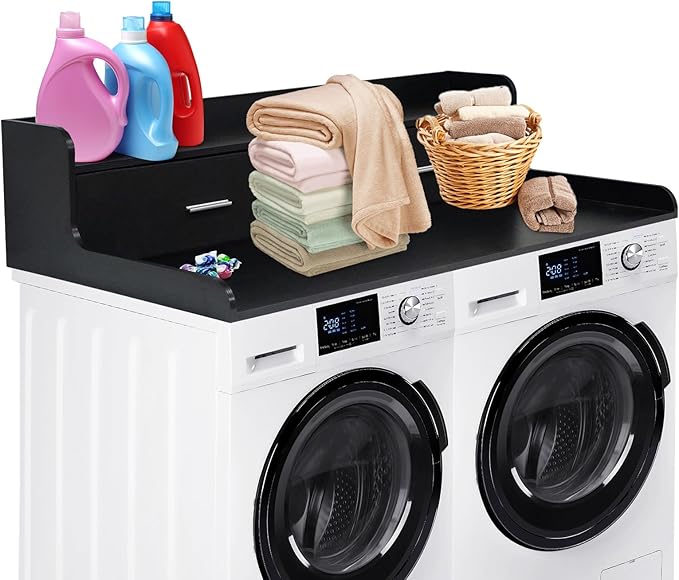 Laundry Countertop for Washer and Dryer 54''W x 27.55''D with 2 Storage Drawers &amp Edge Rails Black MDF Top for Laundry Room Organization