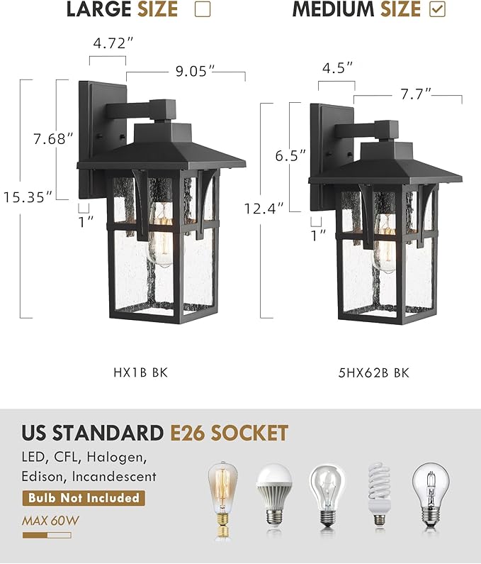 Outdoor Light Fixture HWH Large Outdoor Wall Lantern 1-Light Exterior Wall Mount Light with Seeded Glass Matte Black Finish 15 Height HX1B BK (Large)