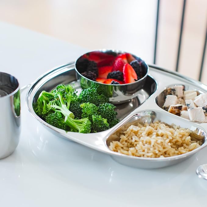 Ahimsa Stainless Steel Plates For Kids Pediatrician Designed Divided Plates for Toddlers &amp Baby Non Toxic Unbreakable &amp Dishwasher Safe Set of 4