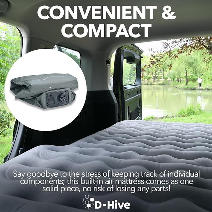 D-Hive SUV Air Mattress Ultra-Thick Material Extra-High Car Air Mattress SUV Mattress for Toyota 4runner Car Mattress w/Built-in Pump Inflatable Car Air Mattress Grey