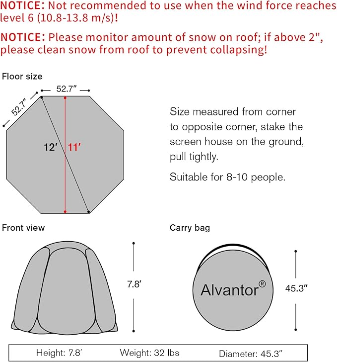 Alvantor® Pop Up Bubble Tent® - 12’ x 12’ Instant Igloo Tent® - 8-10 Person Screen House for Patios - Large Oversize Weather Proof Pod - Cold Protection Camping - Beige