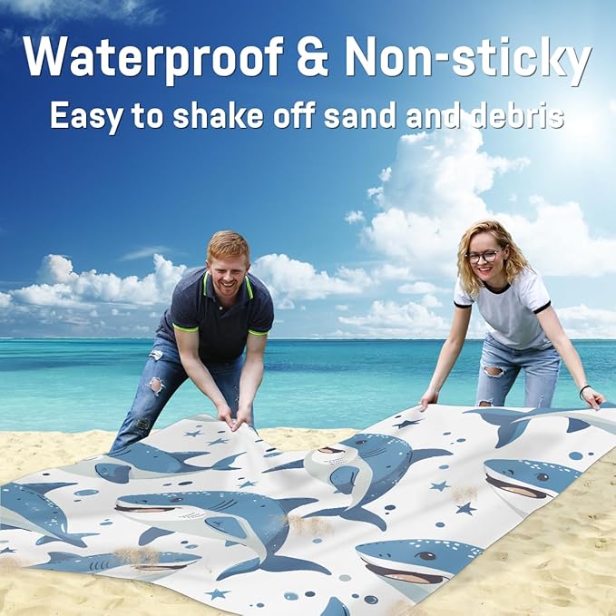 Waterproof Sandproof Beach Blanket 59''×68'' Ocean Sharks Polyester Outdoor Picnic Blanket with 4 Stakes &amp Storage Bag for BeachCampingVacation White