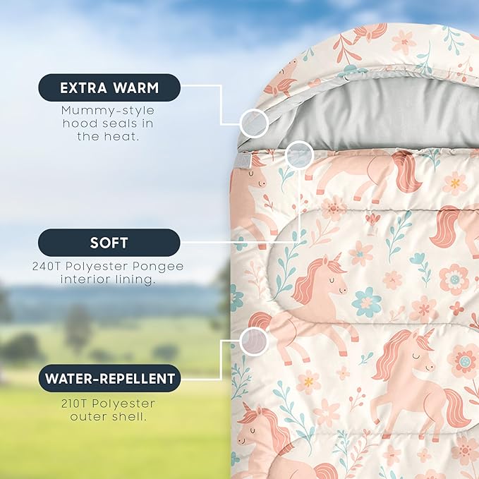 Wake In Cloud - Kids Sleeping Bag for Girls Toddlers Camping in Warm Cold Weather Backpacking Lightweight Compact Outdoor Liner for 3 Seasons Unicorn Garden Flowers