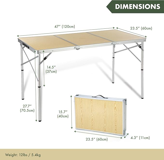 ARROWHEAD OUTDOOR 4’ ft Heavy-Duty Portable Aluminum Frame Folding Table w/Leveling Feet Solid Tabletop Surface 2 Adjustable Heights Carrying Case Included Lightweight USA-Based Support